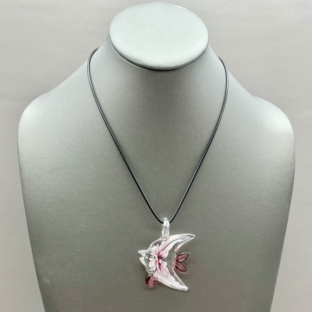 Glass Fish Pendant Necklace Women Pink White Clear Animal Charm Black Cord Strap